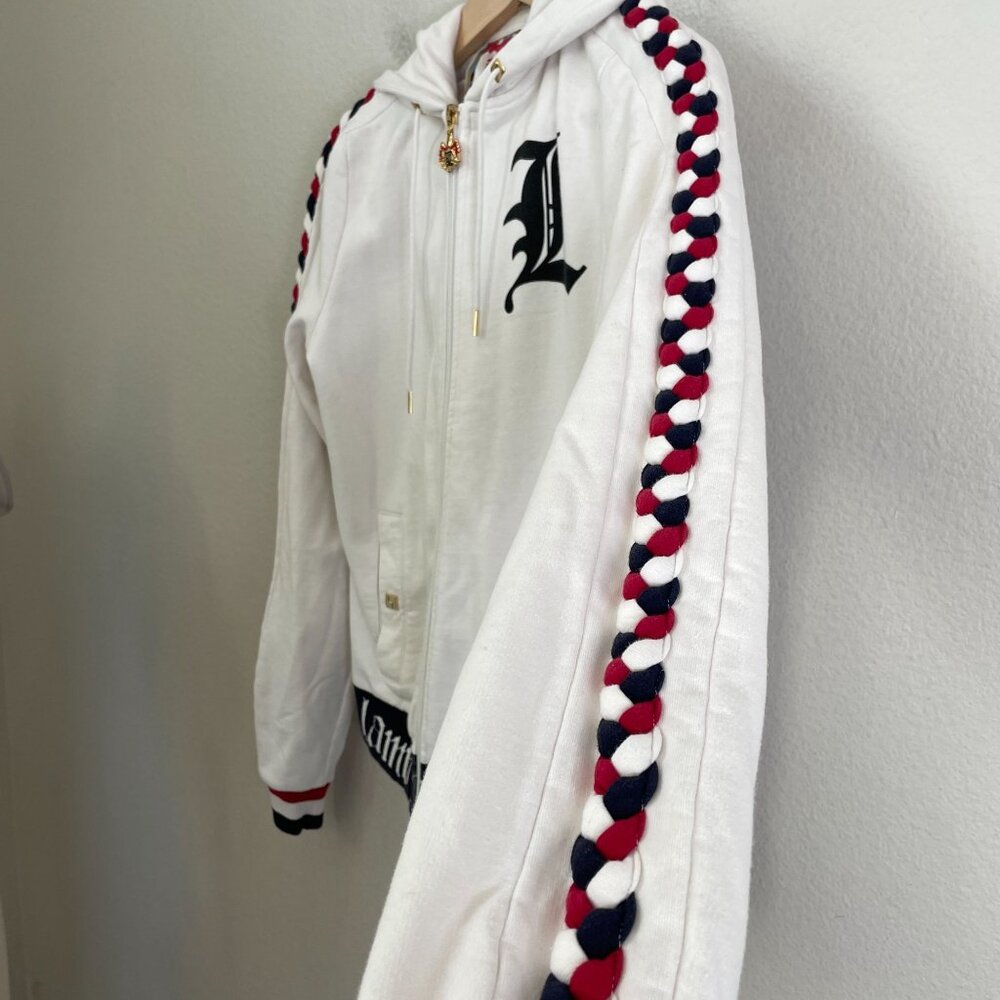 L.A.M.B. White Hoodie Jacket with Black Graphic and Red & Navy Braid Trim - Picture 10 of 13